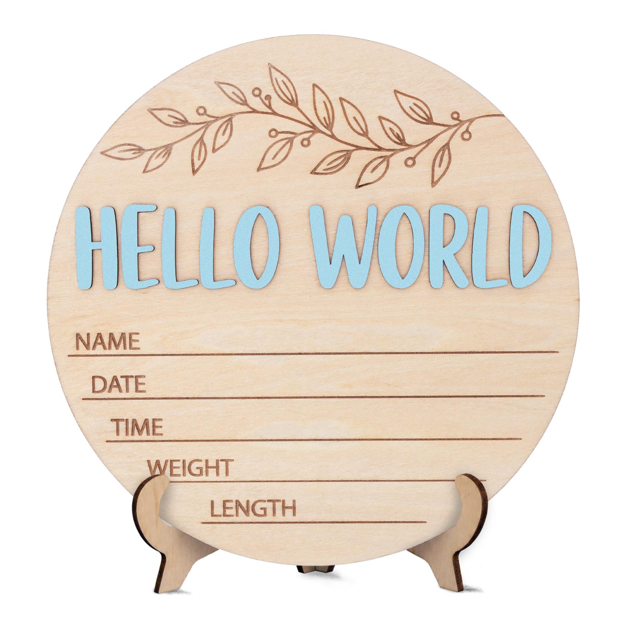 Blue Hello World Birth Stats Sign | 3D Botanical Leaf Wooden Plaque | Round Baby Boy Announcement Disc | Nursery Prop | Baby Shower Gift