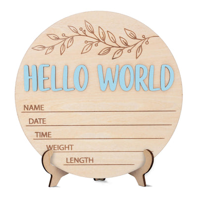 Blue Hello World Birth Stats Sign | 3D Botanical Leaf Wooden Plaque | Round Baby Boy Announcement Disc | Nursery Prop | Baby Shower Gift