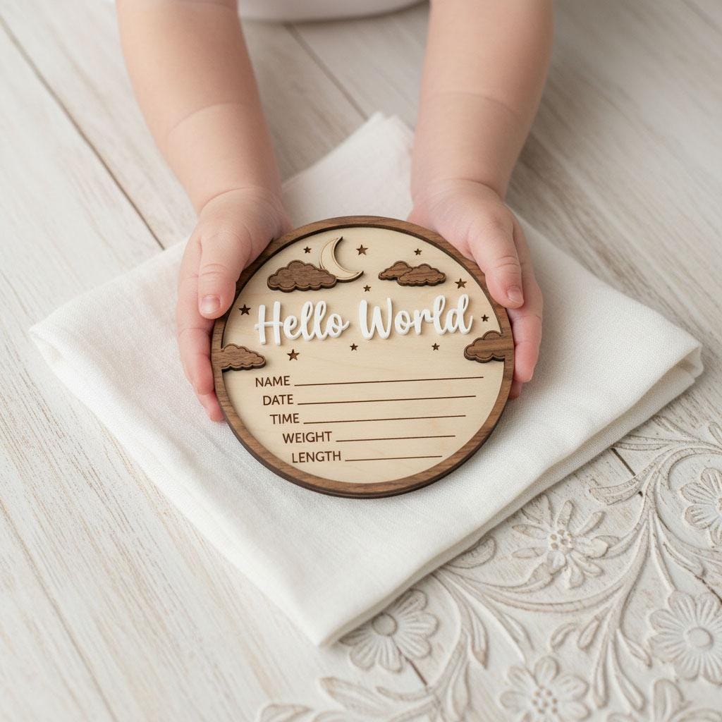 3D Moon Stars Birth Stats Sign | Walnut Frame Wood Baby Plaque | Acrylic Hello World Announcement | Neutral Nursery Decor
