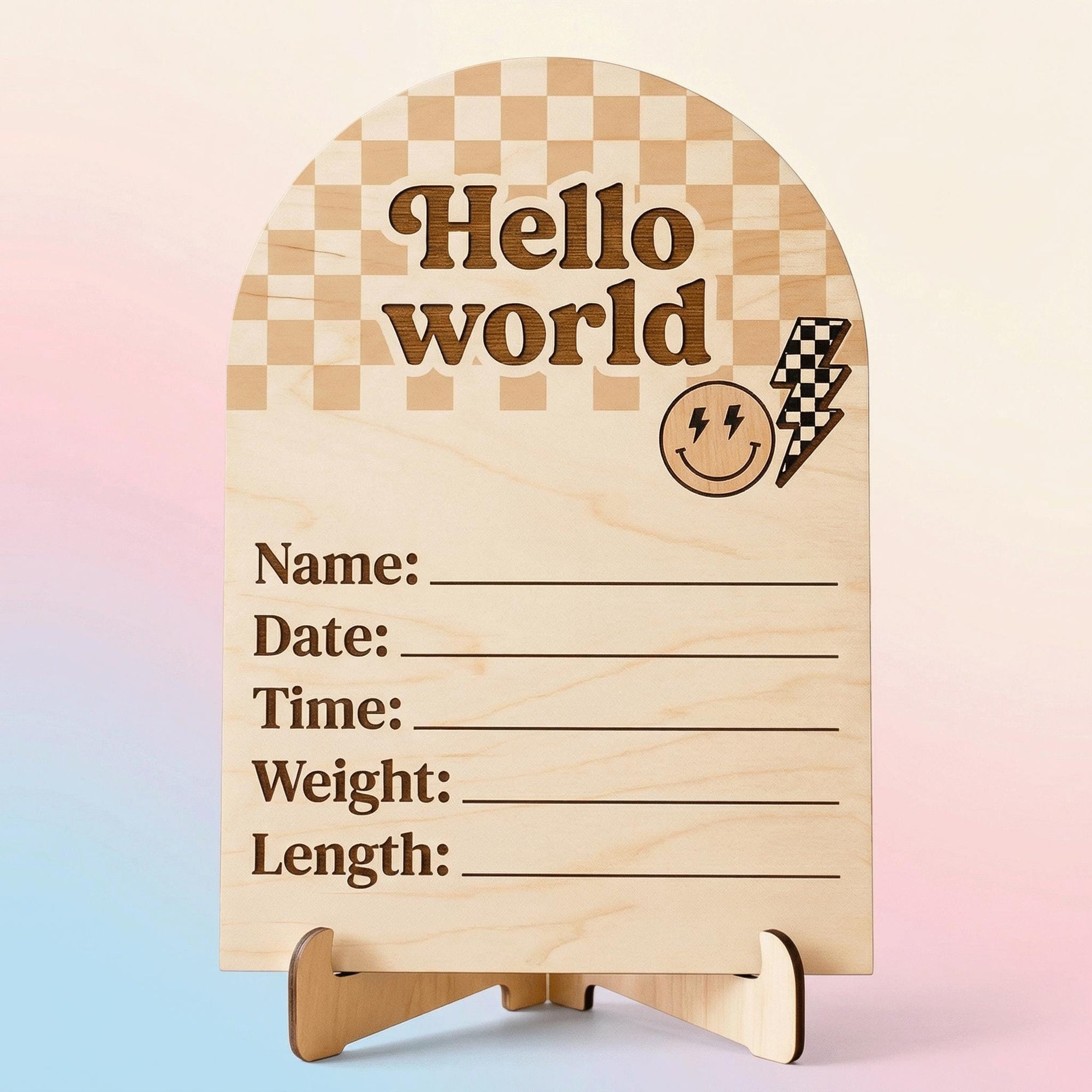 Retro Groovy Birth Stats Sign | Checkerboard Arch Wooden Newborn Plaque | Custom Smiley Baby Announcement | Neutral Nursery Prop