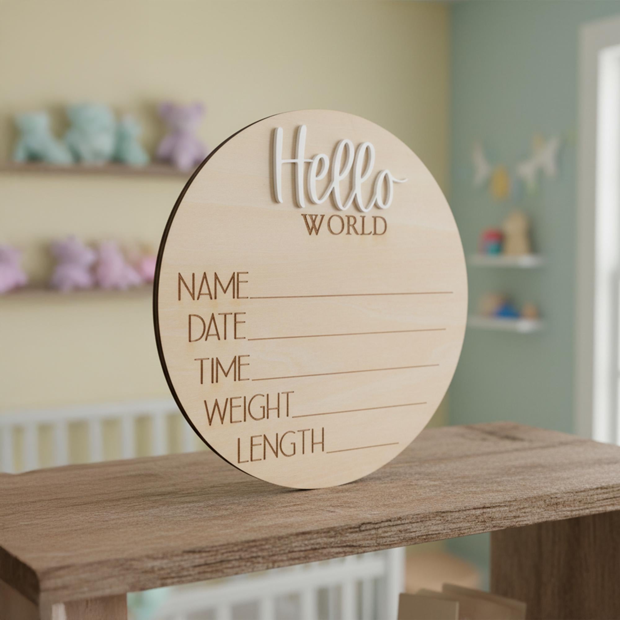 Personalized Baby Birth Stats Sign, Wooden Hello World Newborn Nursery Decor