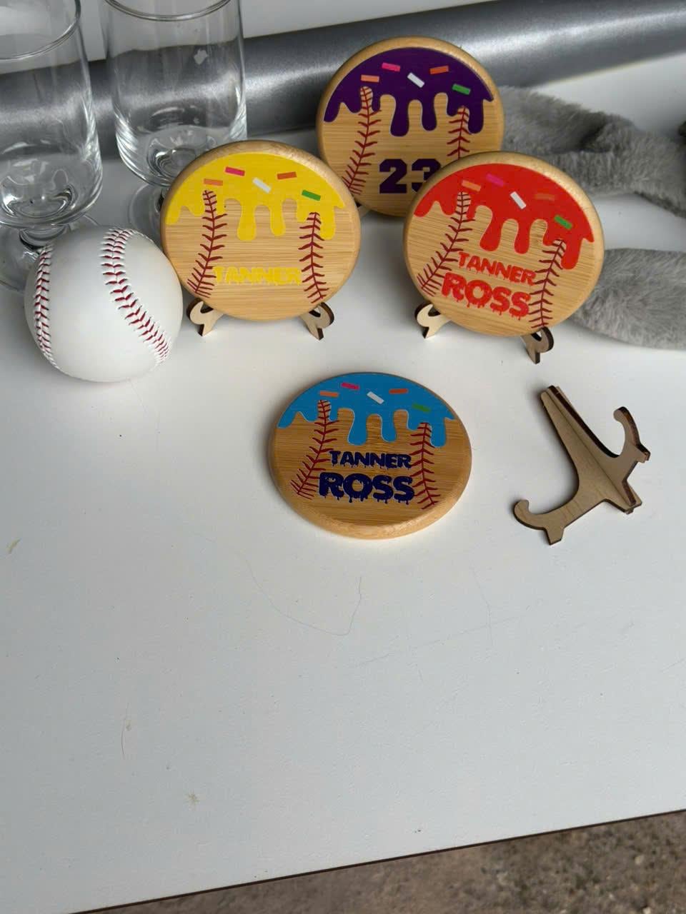 Personalized Baseball Bamboo Coaster: UV-Printed Drip Design