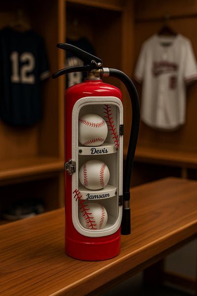 Personalized Repurposed Fire Extinguisher Baseball Display Case, Personalized Memorabilia Shelf