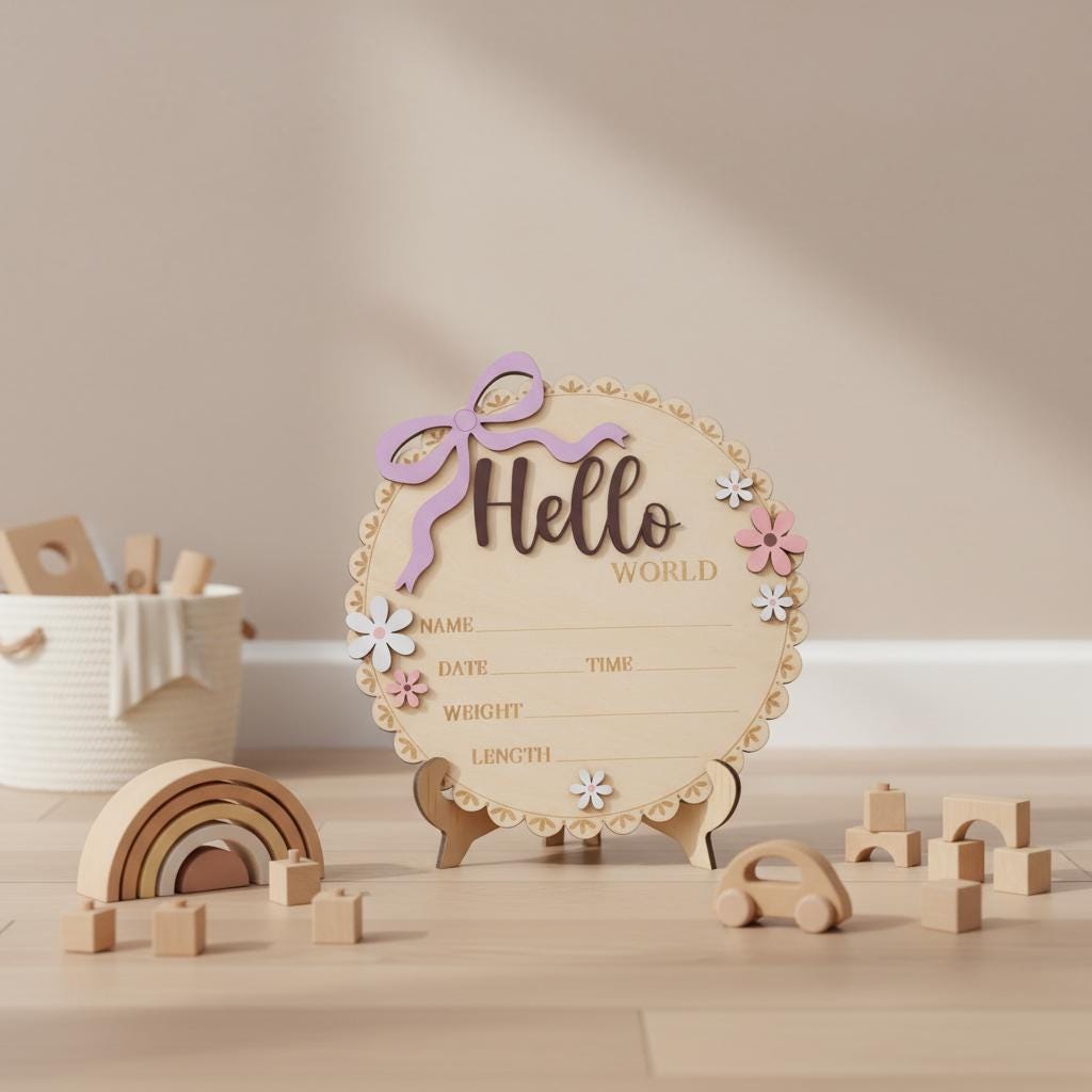 Baby Girl Hello World Birth Keepsake Sign Wooden Floral Nursery Decor