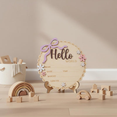Baby Girl Hello World Birth Keepsake Sign Wooden Floral Nursery Decor