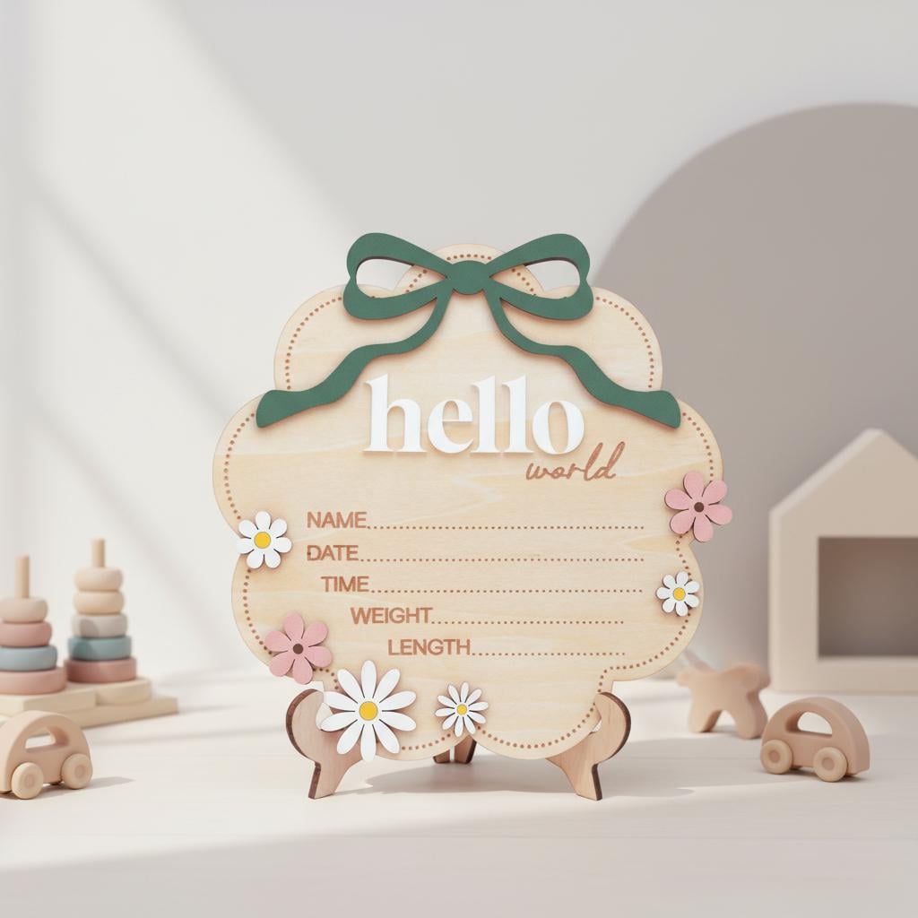 Sage Hello World Wooden Baby Birth Announcement Sign Nursery Decor