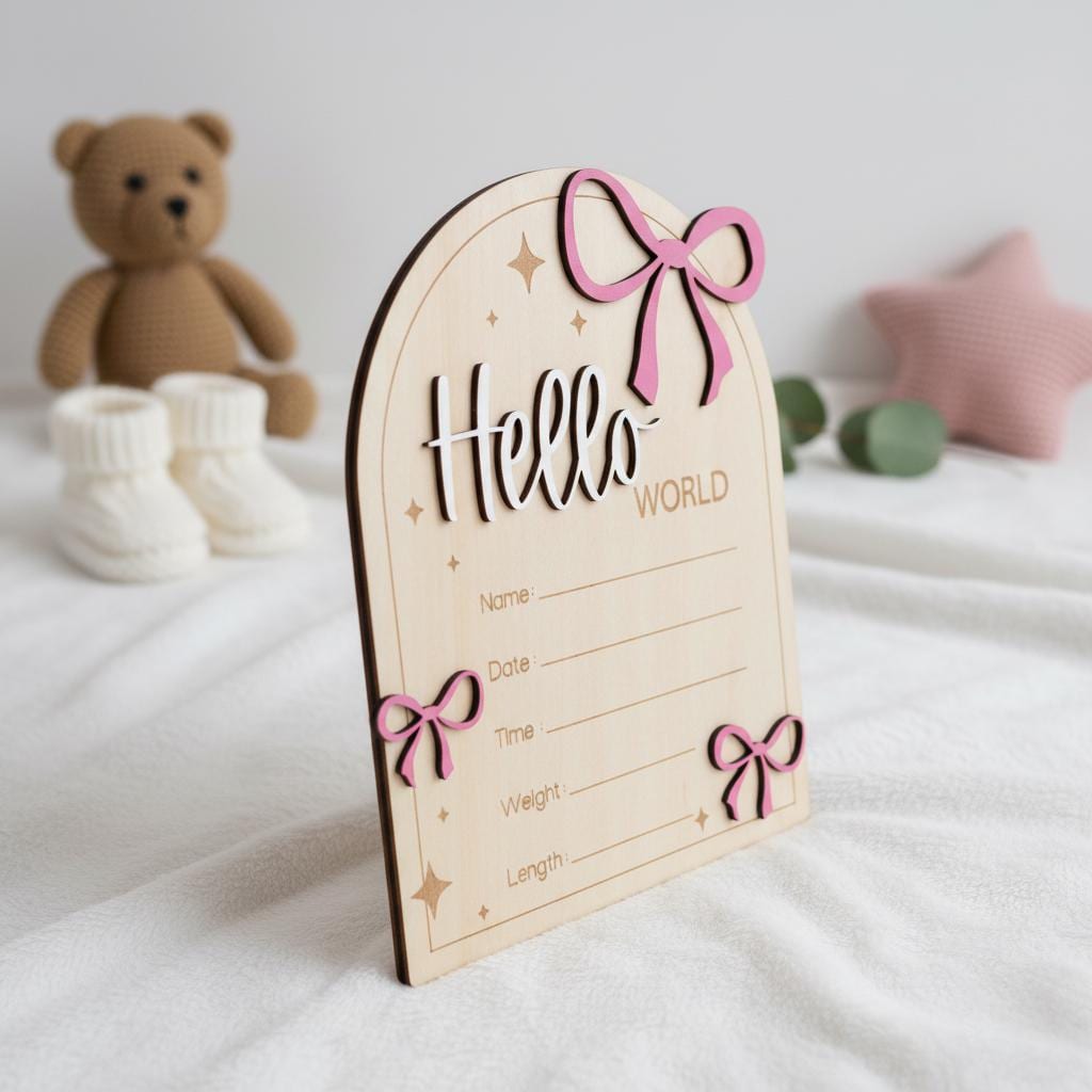 Hello World Wooden Baby Announcement Sign with Birth Details