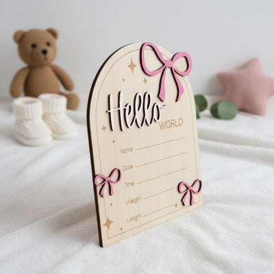 Hello World Wooden Baby Announcement Sign with Birth Details