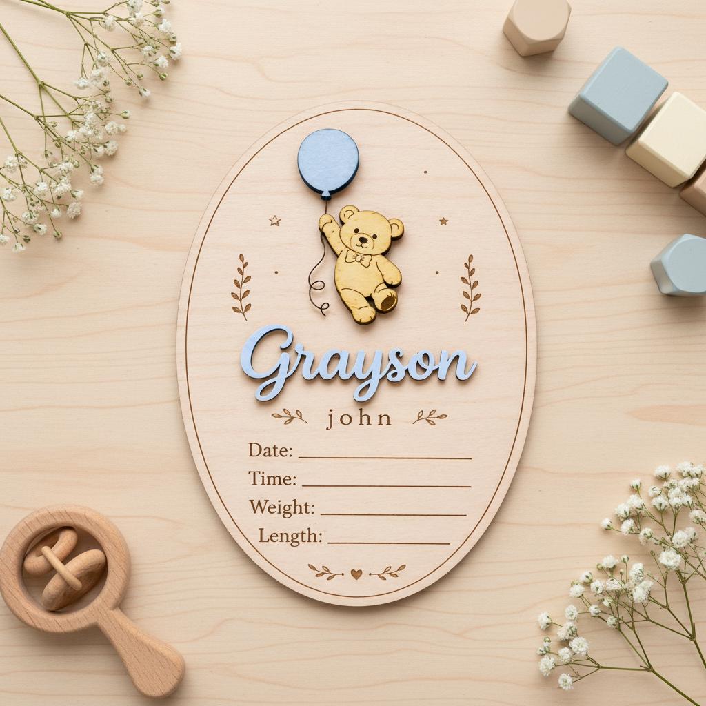 Teddy Bear Birth Stats Sign | 3D Balloon Oval Wooden Plaque | Custom Baby Boy Girl Announcement | Whimsical Nursery Photo Prop