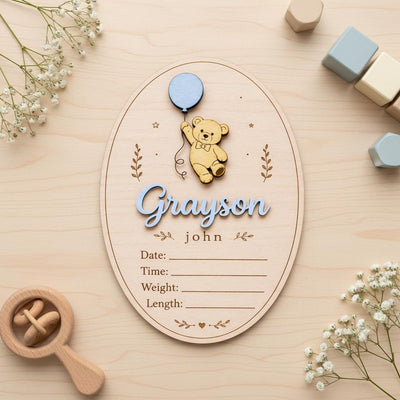 Teddy Bear Birth Stats Sign | 3D Balloon Oval Wooden Plaque | Custom Baby Boy Girl Announcement | Whimsical Nursery Photo Prop
