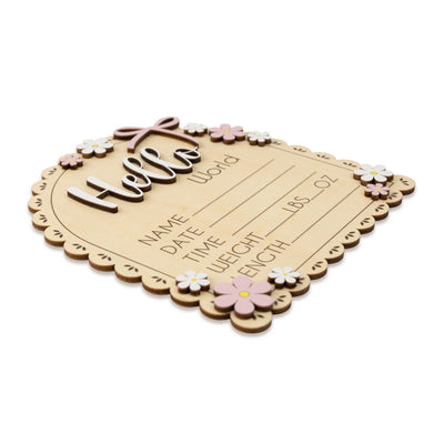 Hello World Birth Announcement Sign, Daisy Baby Sign, Floral Baby Name Sign, Wooden Newborn Photo Prop, Baby Shower Gift, Nursery Decor