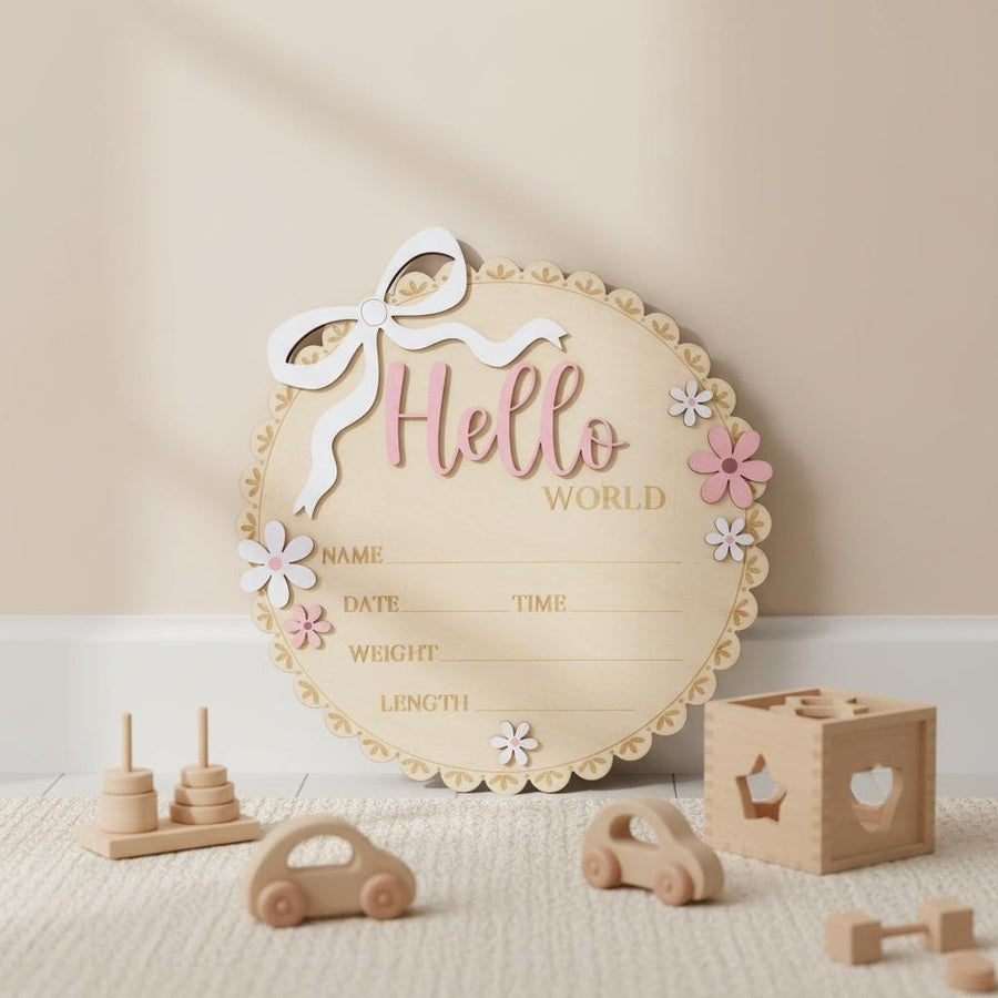 Neutral Baby Girl Hello World Sign Wooden Floral Nursery Keepsake