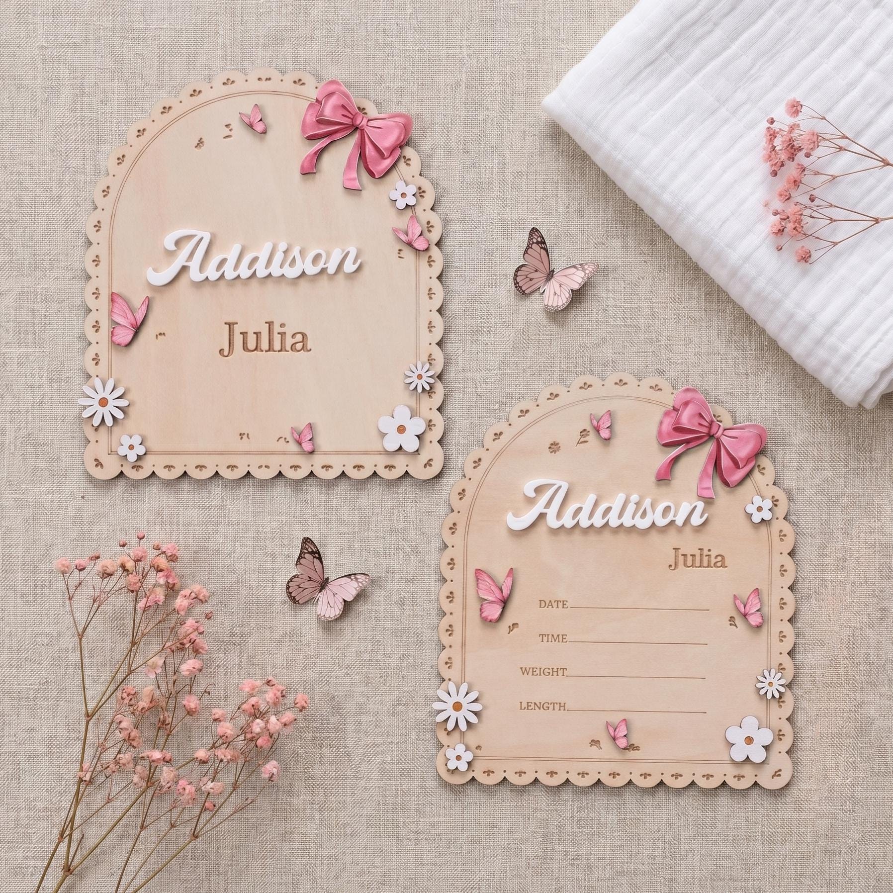 Personalized Baby Name Sign for Nursery Pink Bow Birth Announcement Sign for Hospital Custom Wood Name Plate Girl Newborn Gift