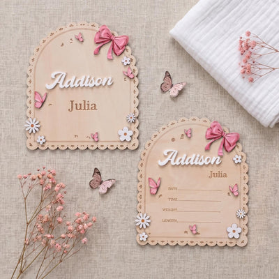 Personalized Baby Name Sign for Nursery Pink Bow Birth Announcement Sign for Hospital Custom Wood Name Plate Girl Newborn Gift