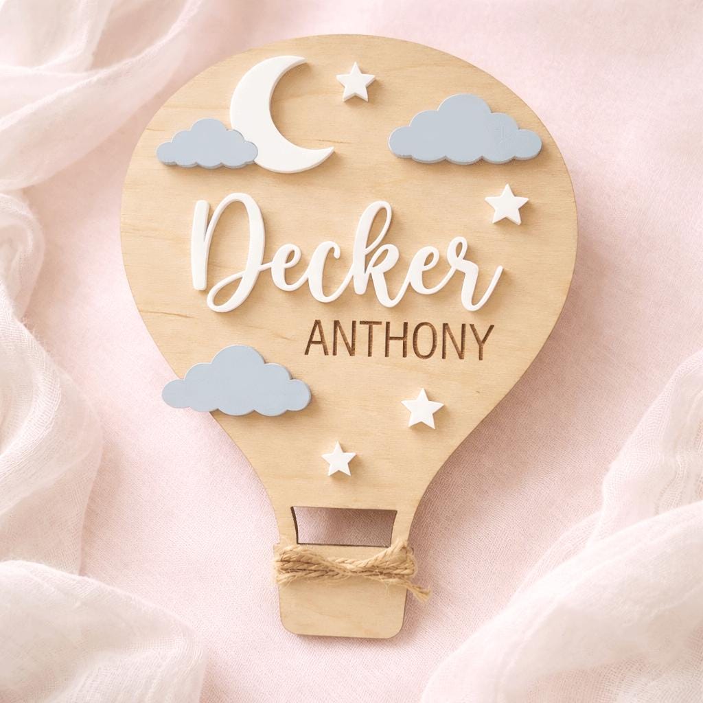 Hot Air Balloon Name Sign | Blue Pink Clouds Baby Plaque | 3D Moon Stars Wooden Letters | Whimsical Nursery Wall Decor Custom