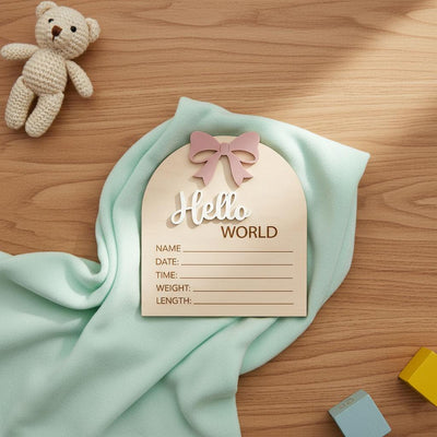 Coquette Pink Bow Birth Sign | 3D Arch Wooden Plaque | Acrylic Hello World Announcement | Whimsical Girl Nursery Prop | Baby Shower Gift