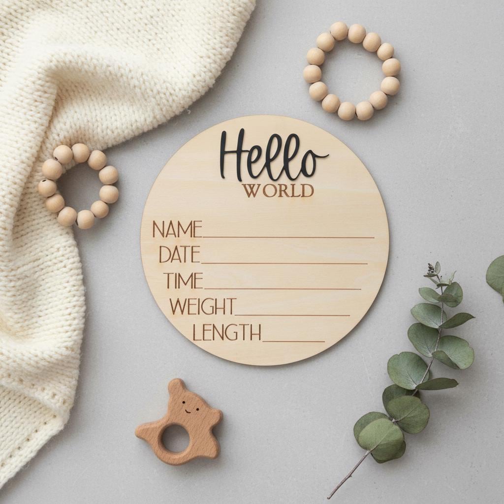 Hello World Baby Announcement Sign Personalized Wooden Keepsake