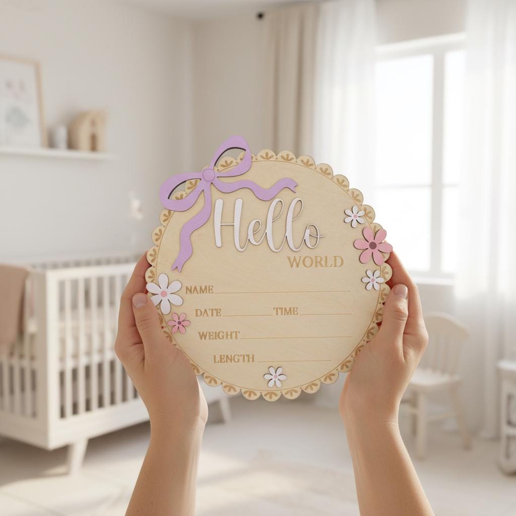 Floral Hello World Baby Sign Wooden Birth Stats Baby Girl Announcement