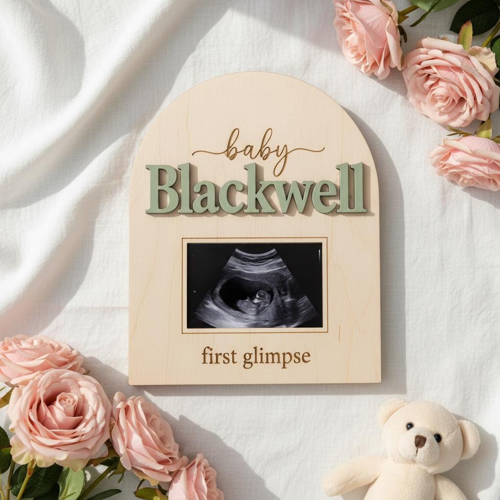 Baby Announcement Sign, Personalized Wooden Ultrasound Photo Pregnancy Reveal Sign, Custom Baby Name Nursery Decor