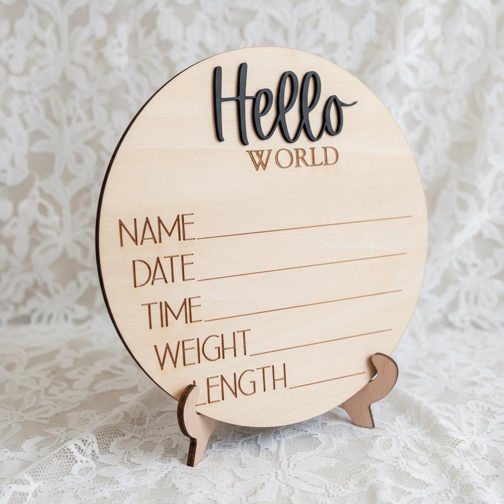 Hello World Baby Announcement Sign Personalized Wooden Keepsake