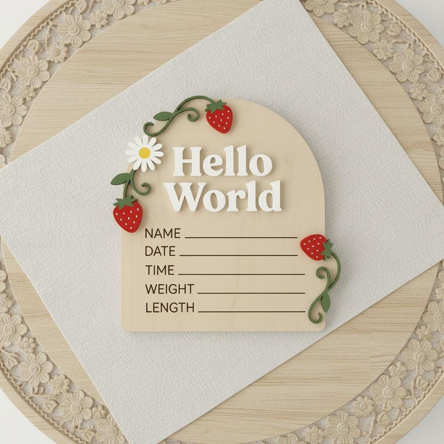 Strawberry 3D Birth Stats Sign | Berry Sweet Arch Wooden Plaque | 3D Acrylic Hello World Announcement | Cottagecore Nursery Prop