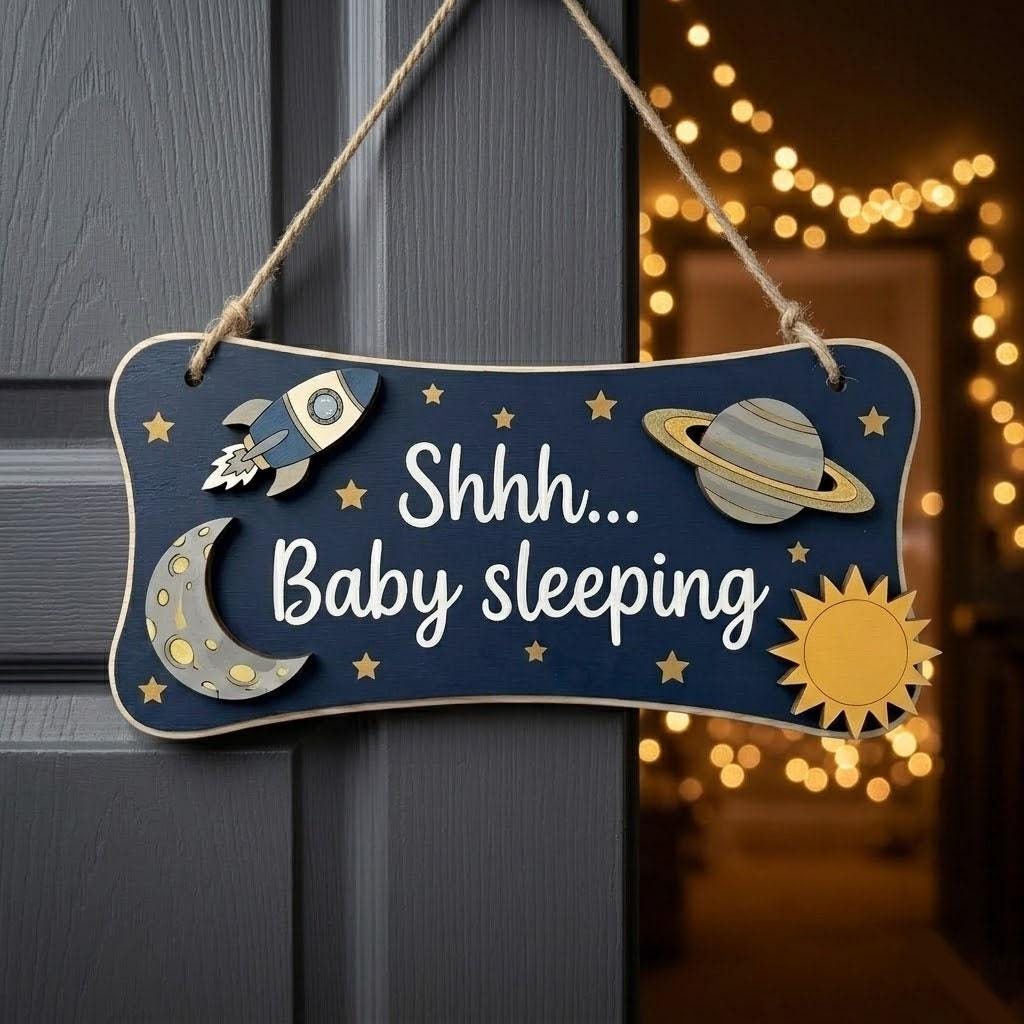 Baby Sleeping Door Sign Do Not Disturb | Outer Space Wooden Hanger | Rocket Ship Shh Plaque | Custom Galaxy Boy Nursery Decor