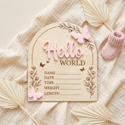 Pink Butterfly Birth Stats Sign | 3D Acrylic Wooden Newborn Plaque | Custom Baby Girl Announcement | Floral Arch Nursery Prop