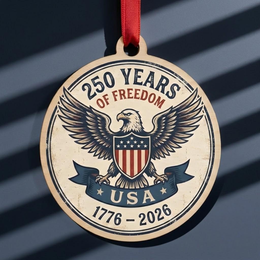 USA 250th Wood Ornament, Freedom For 250 Years, Rustic Eagle Emblem 1776-2026, Semiquincentennial Keepsake, Patriotic Gift