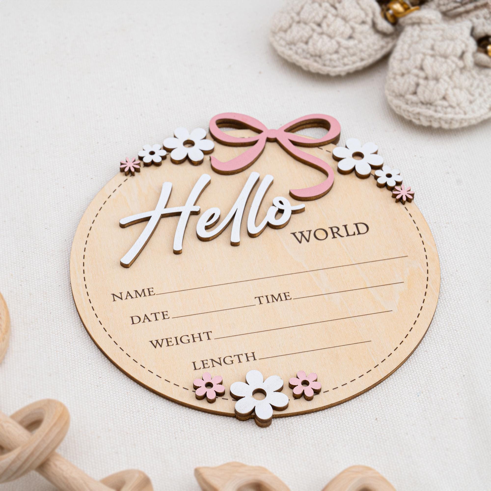 Baby Announcement Sign Pink Bow, Floral Baby Name Sign, Wooden Hello World Sign, Floral Birth Stats Sign,Floral Birth Announcement,Baby Sign