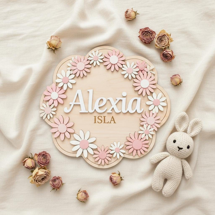 Personalized Baby Name Sign, Wooden Daisy Nursery Name Plaque, Custom Baby Girl Room Decor, Flower Nursery Wall Decor