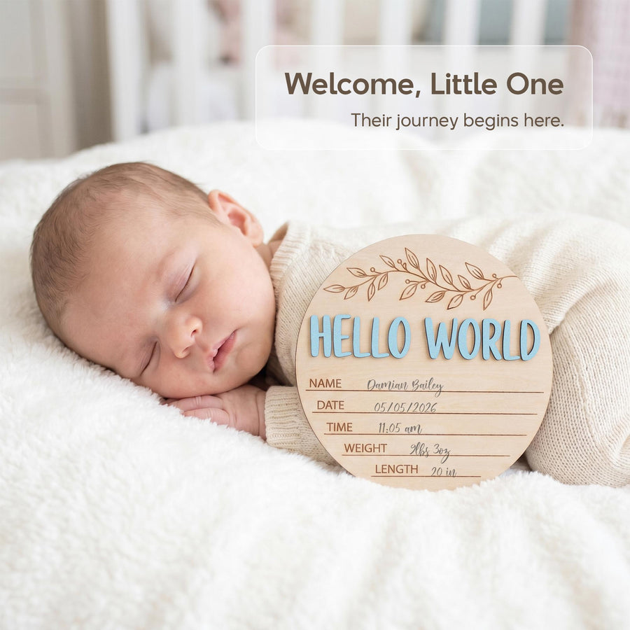 Blue Hello World Birth Stats Sign | 3D Botanical Leaf Wooden Plaque | Round Baby Boy Announcement Disc | Nursery Prop | Baby Shower Gift