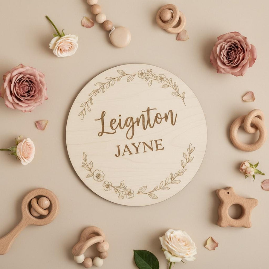 Personalized Wooden Baby Name Plaque, Round Nursery Name Announcement Sign