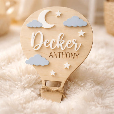 Hot Air Balloon Name Sign | Blue Pink Clouds Baby Plaque | 3D Moon Stars Wooden Letters | Whimsical Nursery Wall Decor Custom