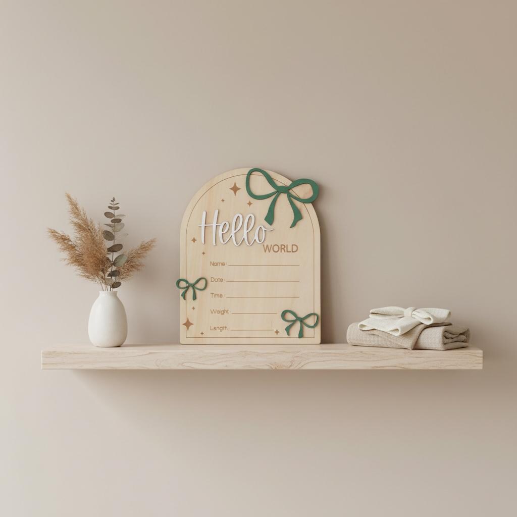 Hello World Wooden Baby Birth Announcement Sign with Name and Stats