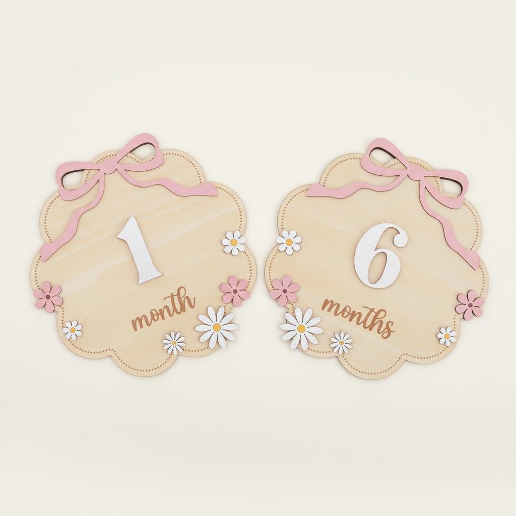 Floral Wooden Baby Milestone Sign with Numbers 1–12 Months