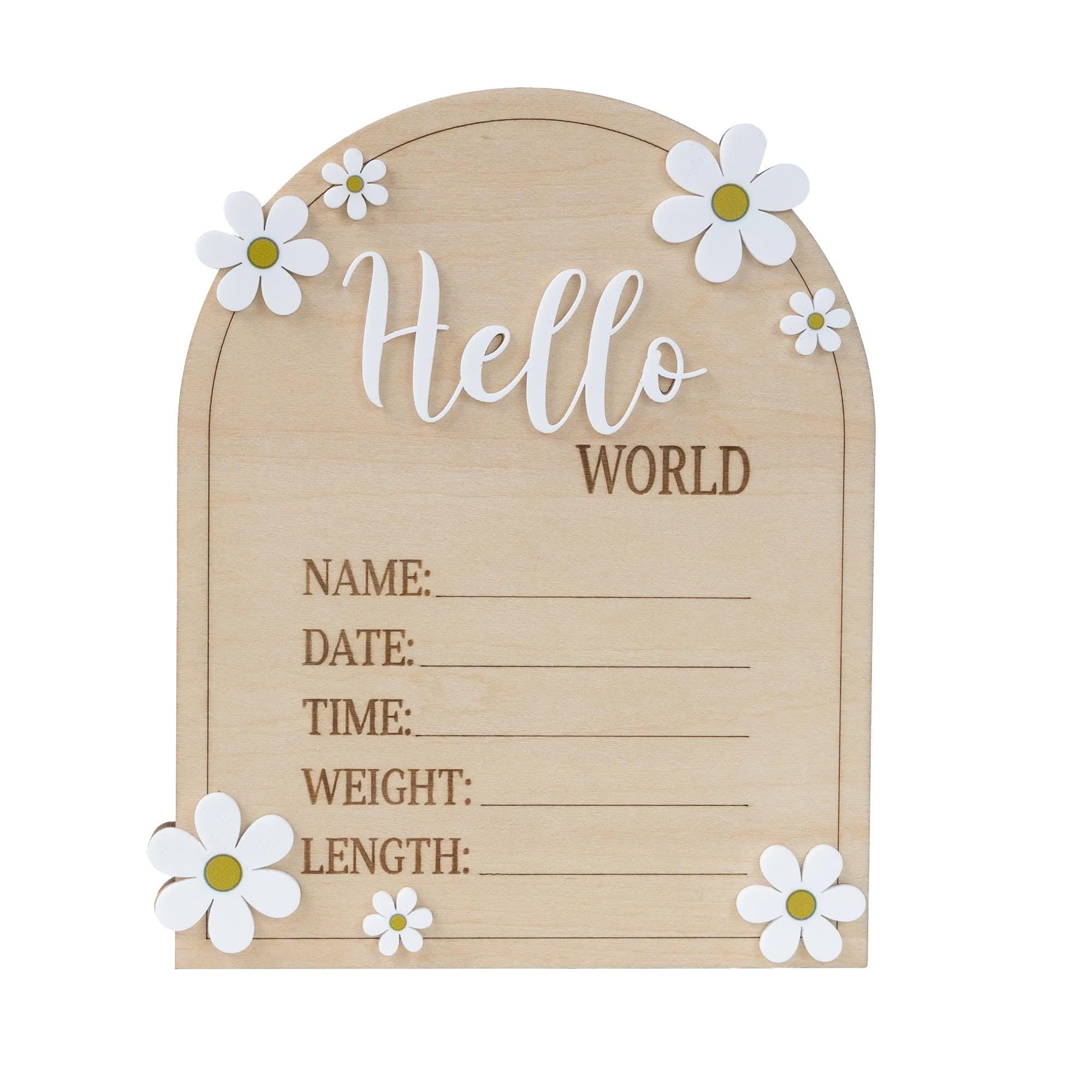 Daisy Flower Hello World Sign, Baby Birth Announcement, Arched Wooden Birth Announcement, Personalized Name Sign, Baby Birth Name