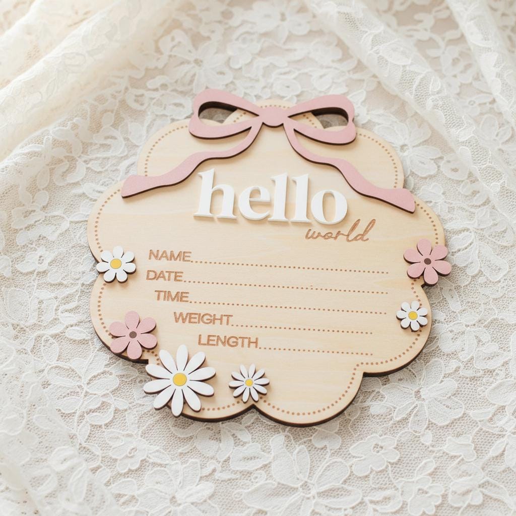 Floral Hello World Baby Birth Sign Wooden Newborn Photo Keepsake