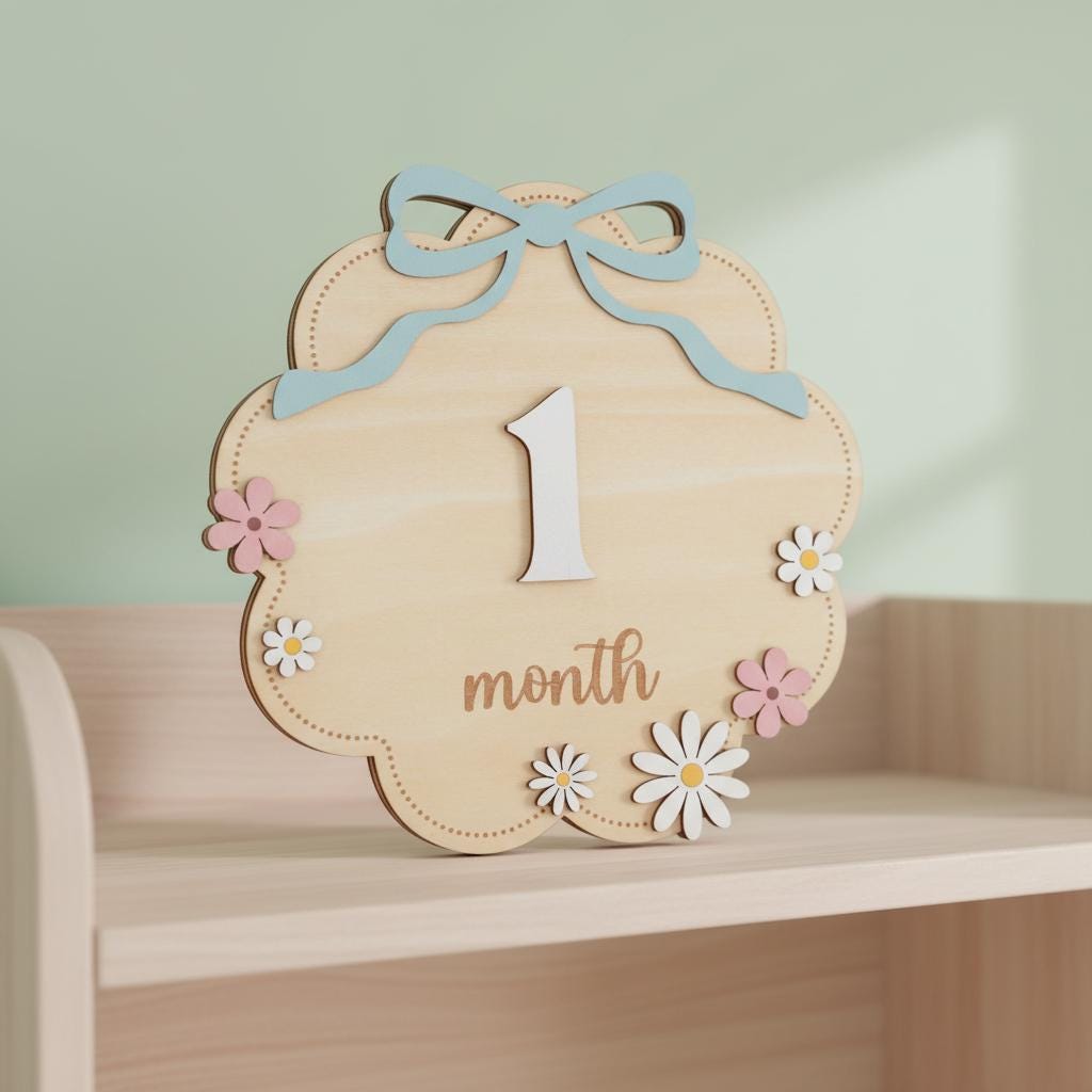 Wooden Baby Monthly Milestone Signs Set, Floral Nursery Photo Props