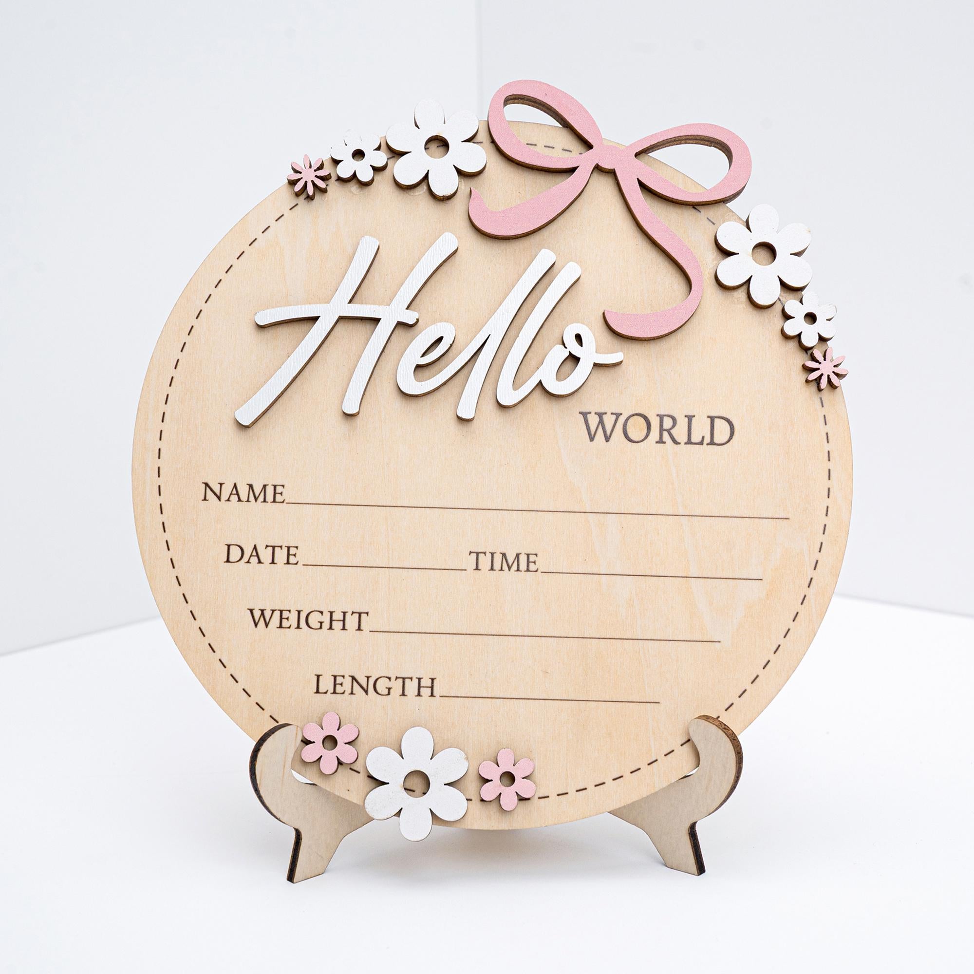 Baby Announcement Sign Pink Bow, Floral Baby Name Sign, Wooden Hello World Sign, Floral Birth Stats Sign,Floral Birth Announcement,Baby Sign