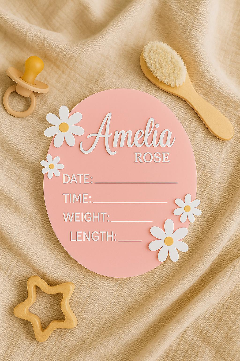 Acrylic Baby Announcement Sign: 3D Daisy, Pastel Pink or Mint