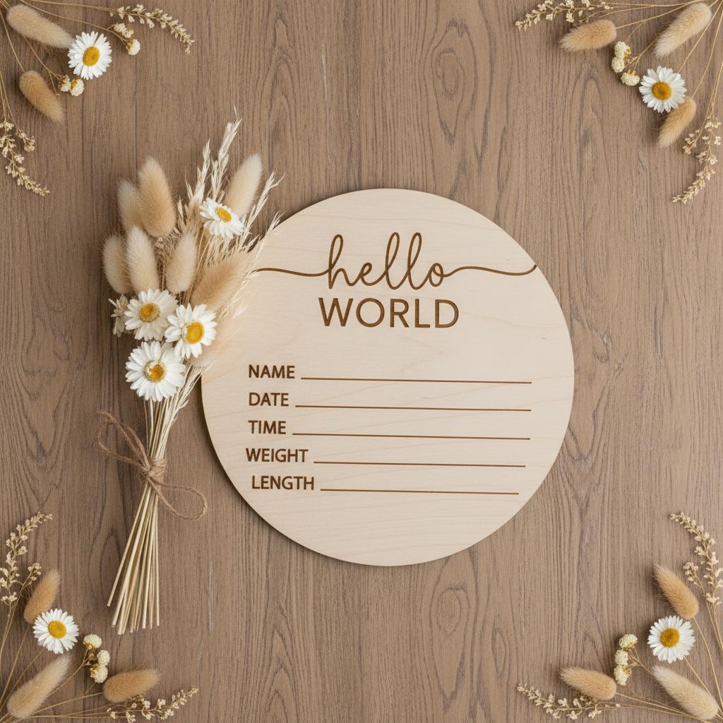 Hello World Baby Birth Announcement Sign, Personalized Wooden Newborn Keepsake