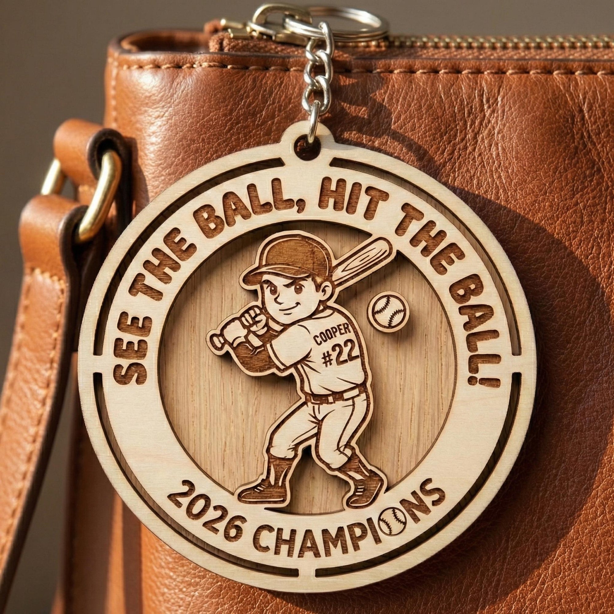 Personalized Wooden Baseball Keychain Custom Name and Number, Engraved Baseball Player Keychain, Little League Team Gift