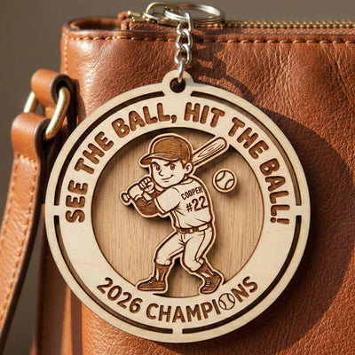 Personalized Wooden Baseball Keychain Custom Name and Number, Engraved Baseball Player Keychain, Little League Team Gift