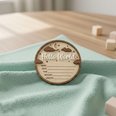3D Moon Stars Birth Stats Sign | Walnut Frame Wood Baby Plaque | Acrylic Hello World Announcement | Neutral Nursery Decor