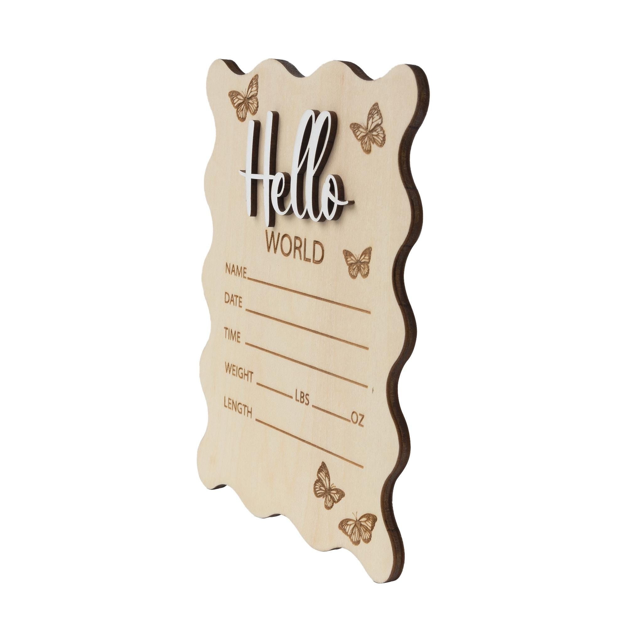Hello World Sign, Baby Girl Name Sign, Scalloped Border Engraved Birth Announcement, Birth Stats Sign, Baby Keepsake, Birth Stat Sign