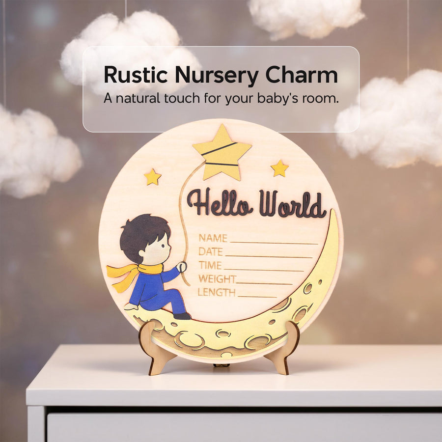 Little Prince Birth Stats Sign | 3D Moon and Stars Wooden Plaque | Hello World Newborn Announcement | Storybook Photo Prop | Baby Boy Gift