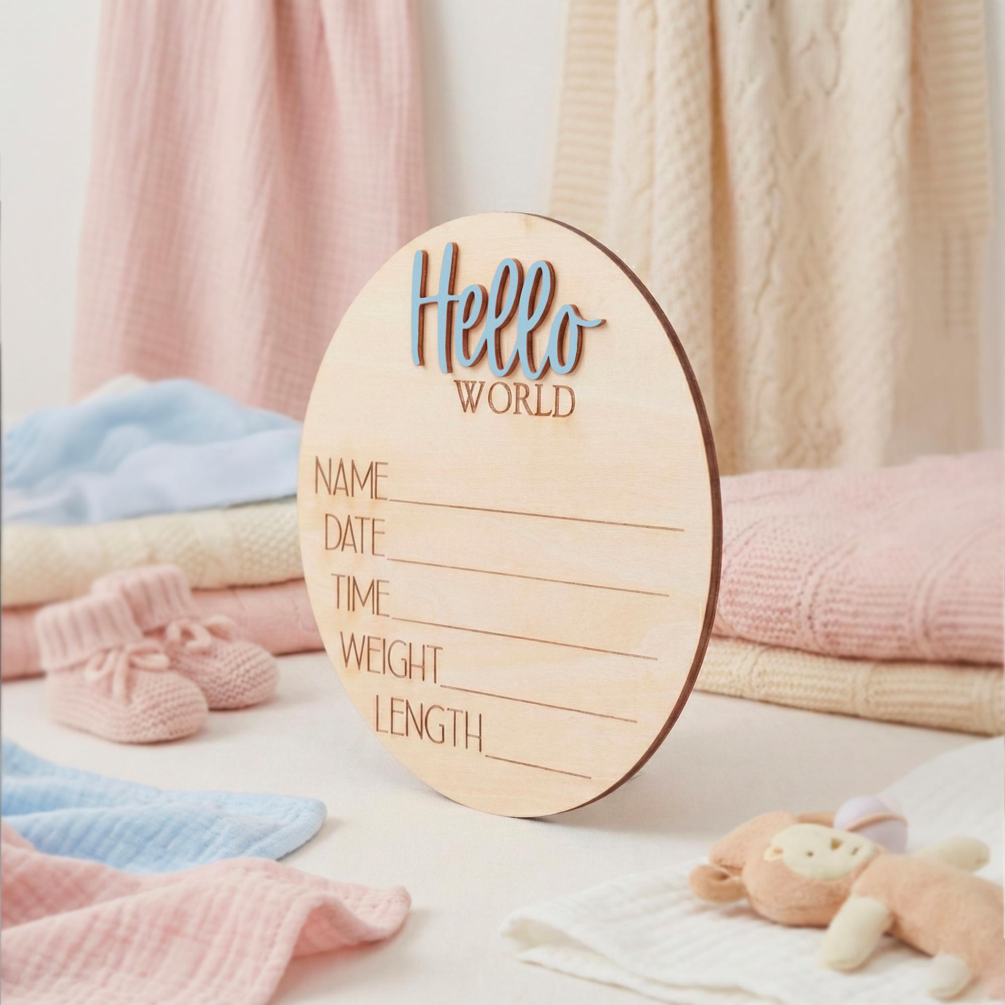 Personalized Hello World Baby Sign Wooden Newborn Keepsake