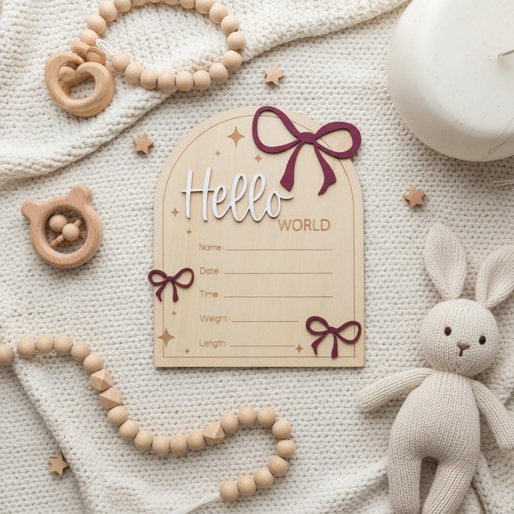 Hello World Wooden Baby Announcement Sign, Baby Keepsake Sign