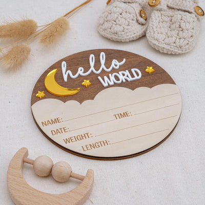 Personalized Hello World Sign, Wooden Birth Announcement Sign, Moon & Stars Baby Name Reveal, Baby Birth Stats Sign, Nursery Space Theme