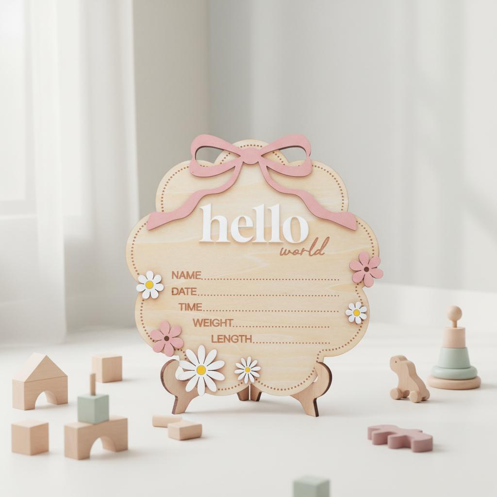 Floral Hello World Baby Birth Sign Wooden Newborn Photo Keepsake